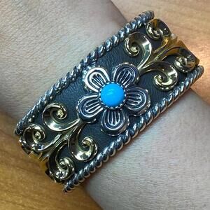 Carolyn Pollack Sterling, Brass, Leather Band 1 Turquoise Bracelet For Women